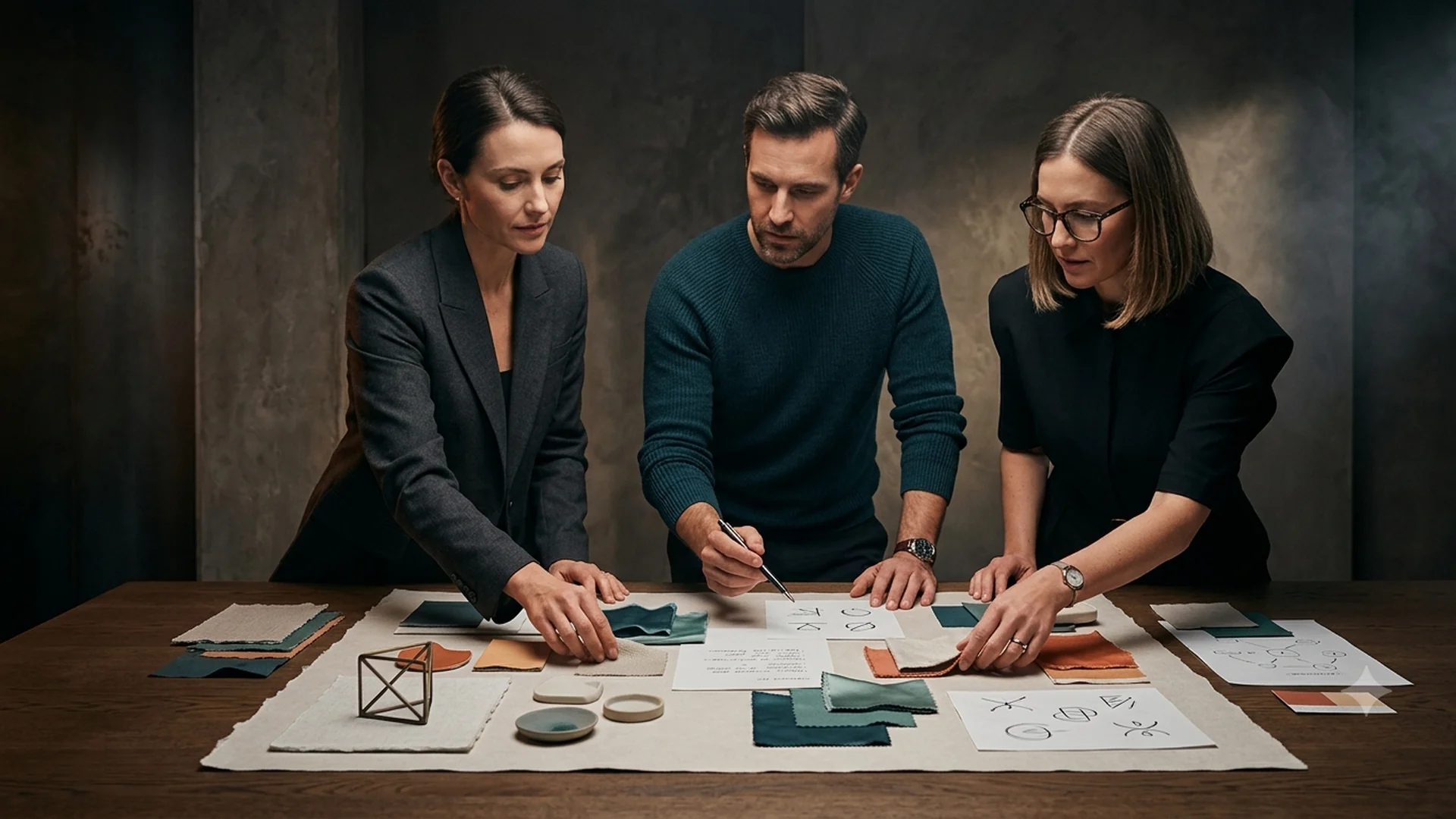 Equipe organizando referências, materiais e decisões para construir uma marca com direção desde a origem